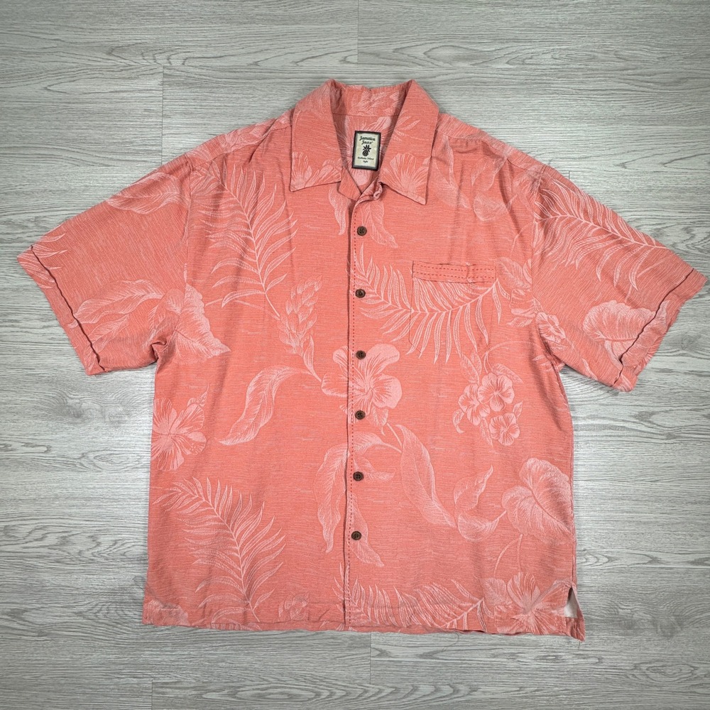 Jamaica Jaxx Mens Shirt XL Silk Jacquard Tropical Floral Aloha Camp Salmon Coral